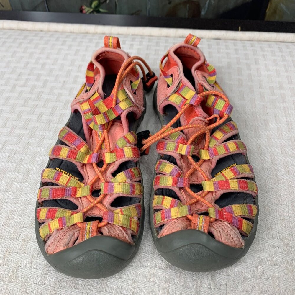 Keen Girls Whisper Raya Size 1Y Pink/Orange Drawstring Fisherman Hiking Sandals